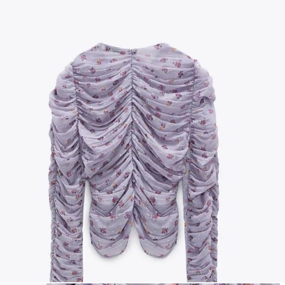 Zara Lilac LavenderFloral Sheer Ruched Long Sleeved Top - Picture 1 of 9